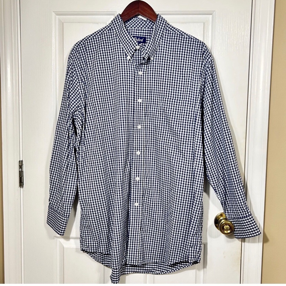 Oxford Blue Gingham Performance Dress Shirt XL Stretch Button Down Tech Fabric